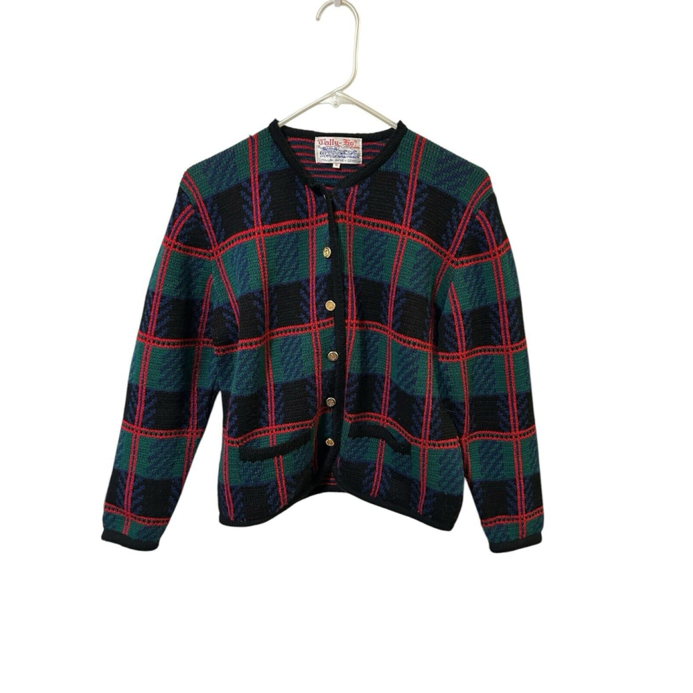 Vintage Tally-Ho Plaid Cardigan Preppy Academia Retro Xmas Sweater Size Small‎